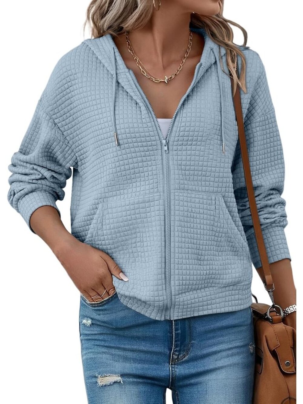 〽️Women's Blue Zip Up Hooded Oversized Sweatshirt Fall Fashion Waffle Jacket